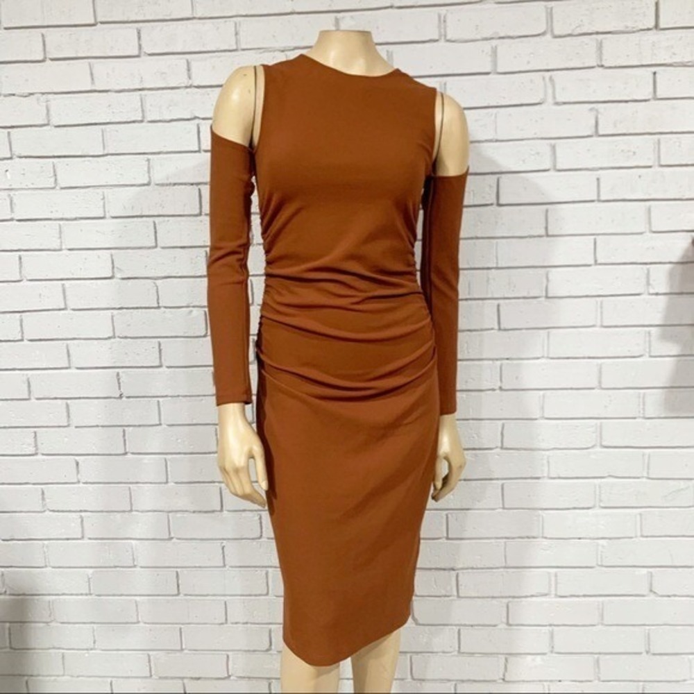 Zara Womens Rust Brown Cold Shoulder Ruched Midi Bodycon Dress Size Small S